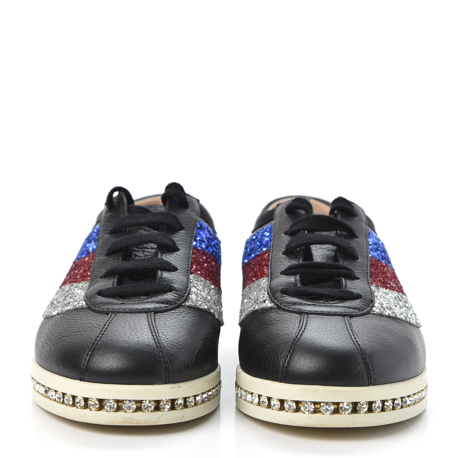 Gucci Calfskin Glitter Crystal Womens Sylvie Web Falacer Sneakers 35.5 Black 3 of 11