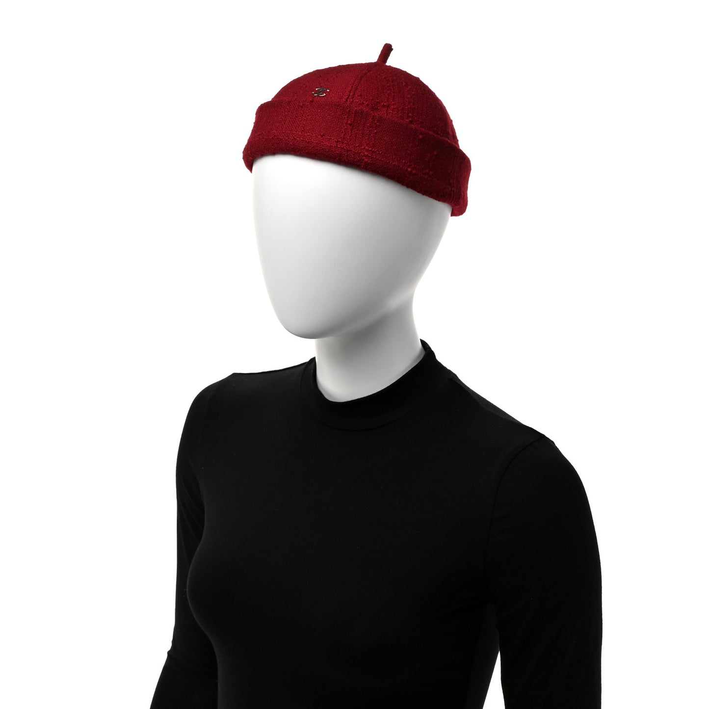 Wool Tweed CC Beret Beanie Hat M Burgundy