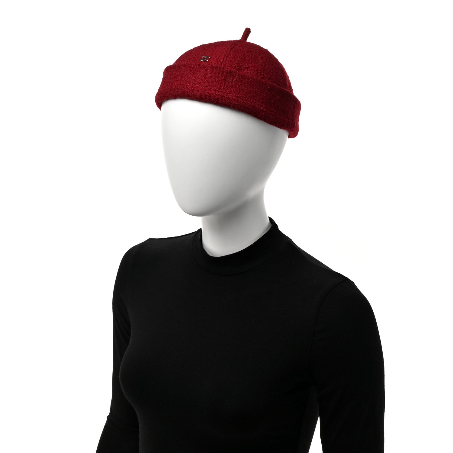 Chanel Wool Tweed CC Beret Beanie Hat M Burgundy 2 of 8