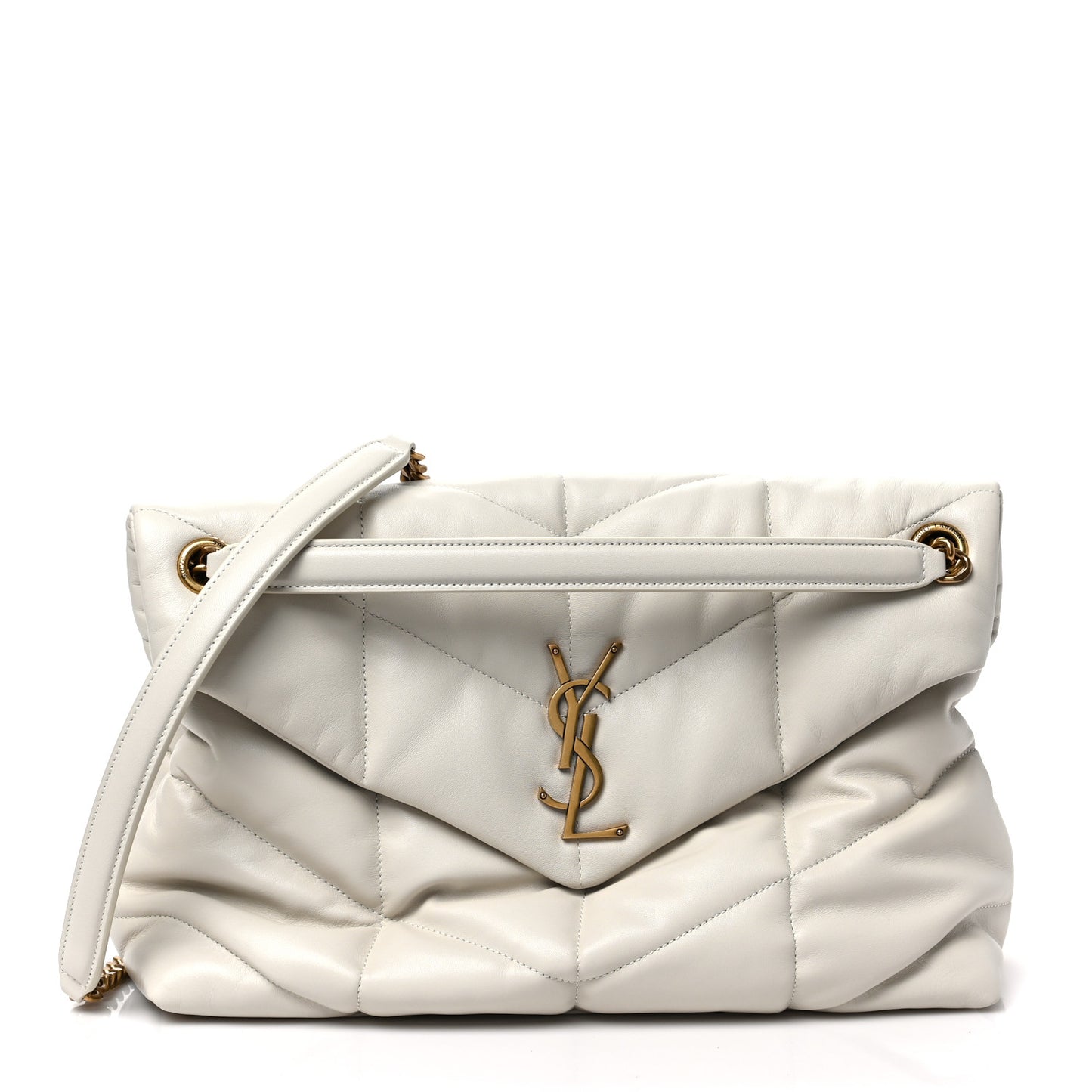 Lambskin Quilted Medium Loulou Puffer Monogram Chain Satchel Crema Soft