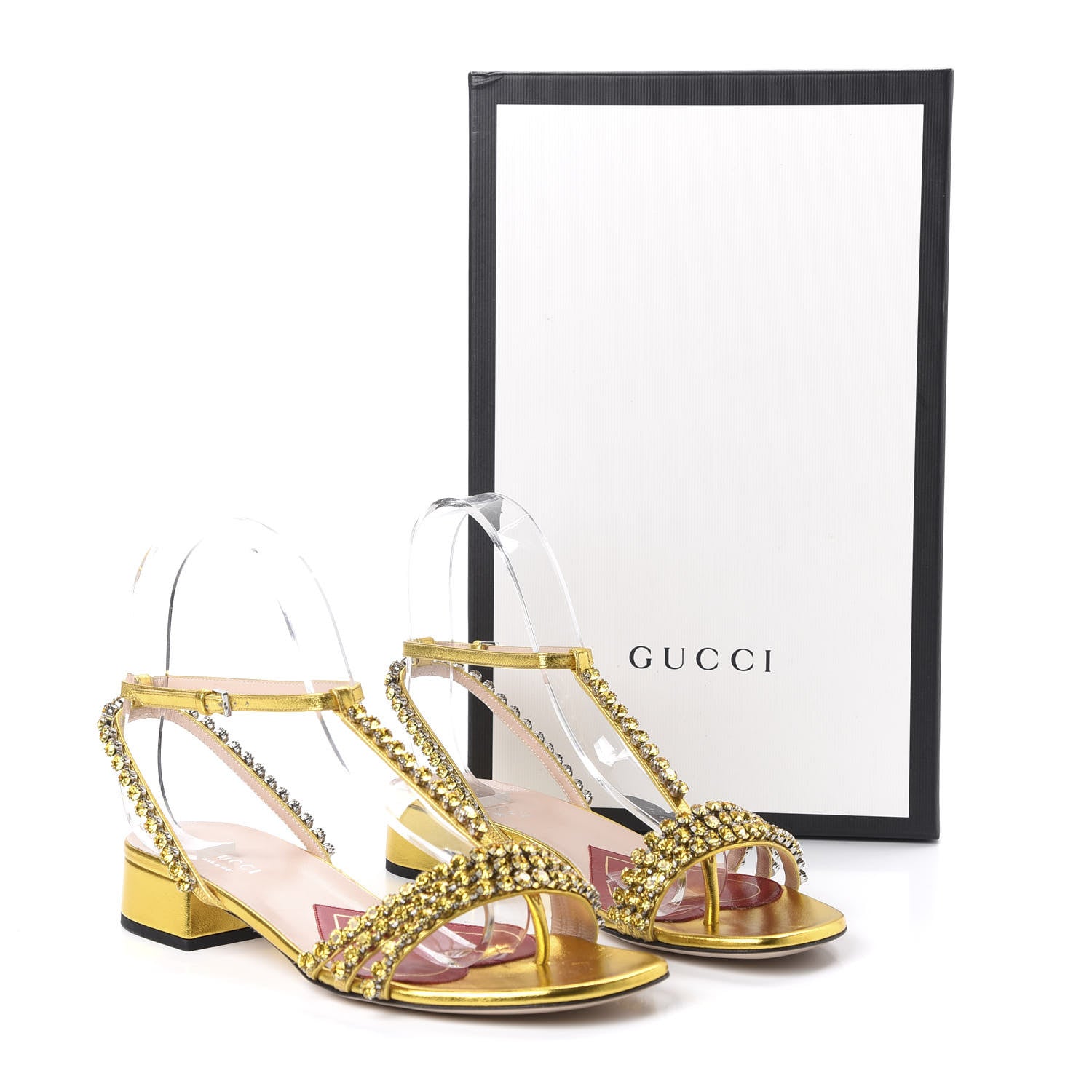 Gucci Nappa Silk Crystal Bertie T-Strap Low Heel Sandals 36.5 Gold 9 of 9