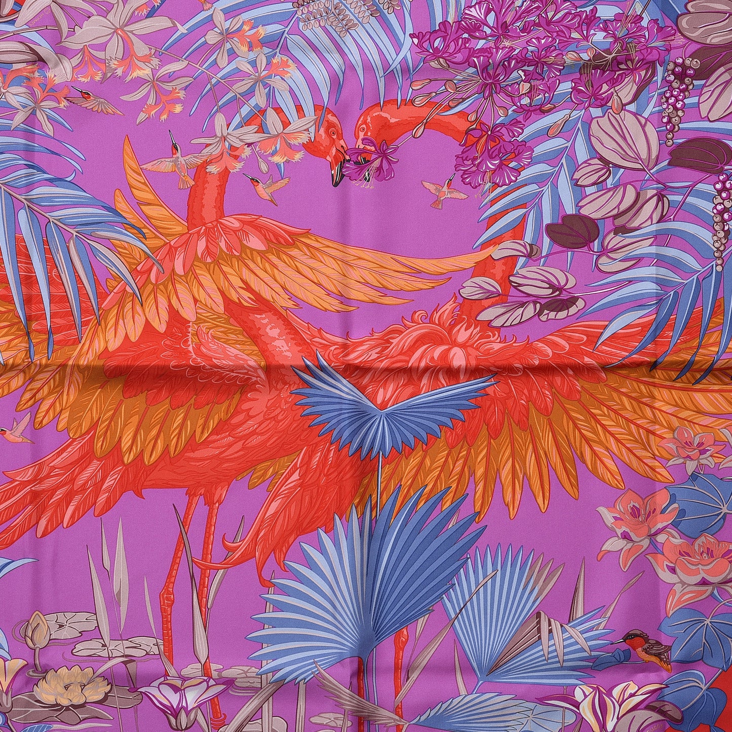 Silk Tatouage Flamingo Party Scarf 90 Potiron Mauve Rouge