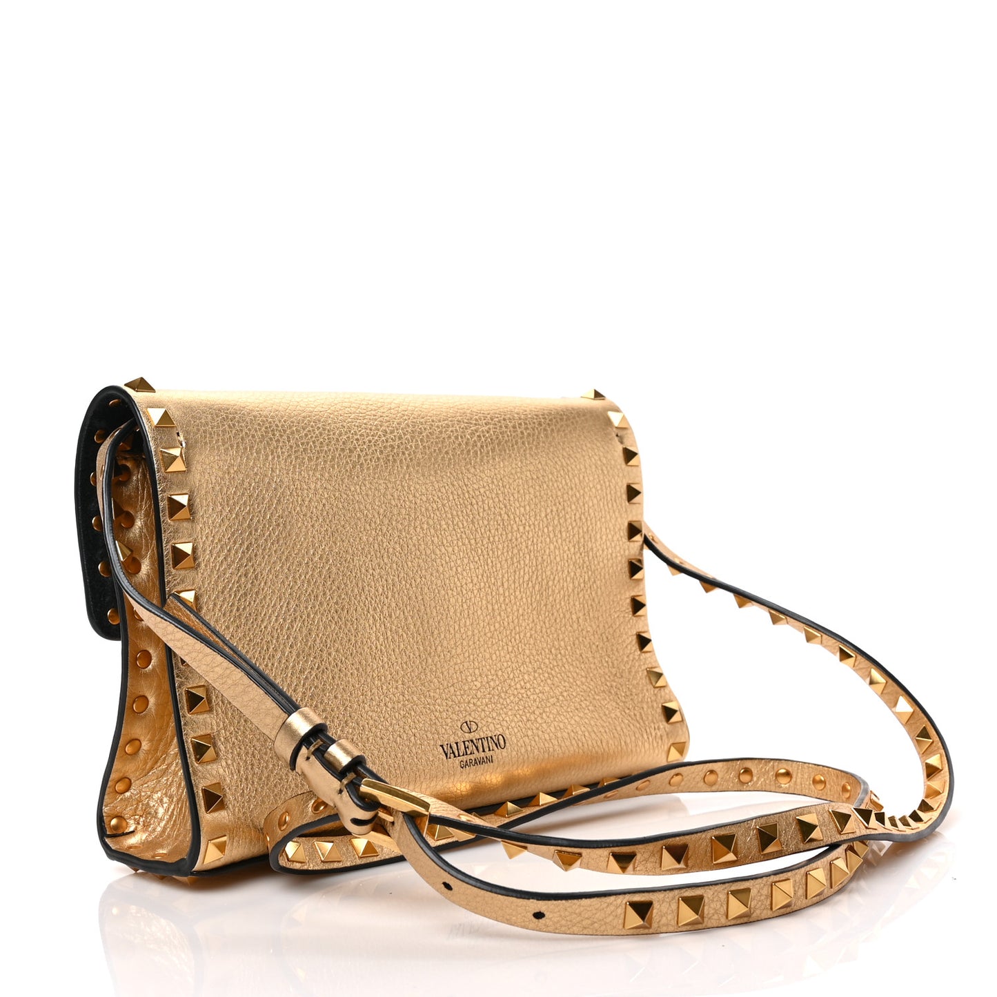 Metallic Pebbled Calfskin Medium Rockstud Flip Lock Crossbody Bag Antique Brass