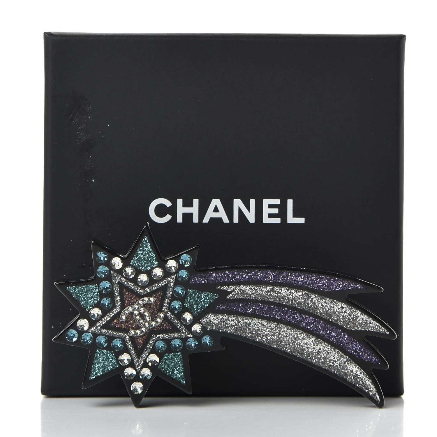 Chanel Glittered Resin Strass Shooting Star Brooch Black Purple Green 5 of 5