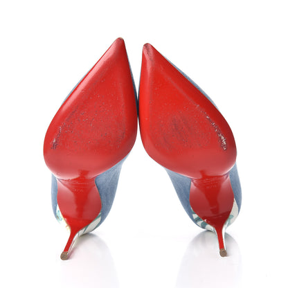 Christian Louboutin Denim Crackled Calfskin Hawaiian Print Pigalle Follies 100 Pumps 37.5 Blue White 7 of 13