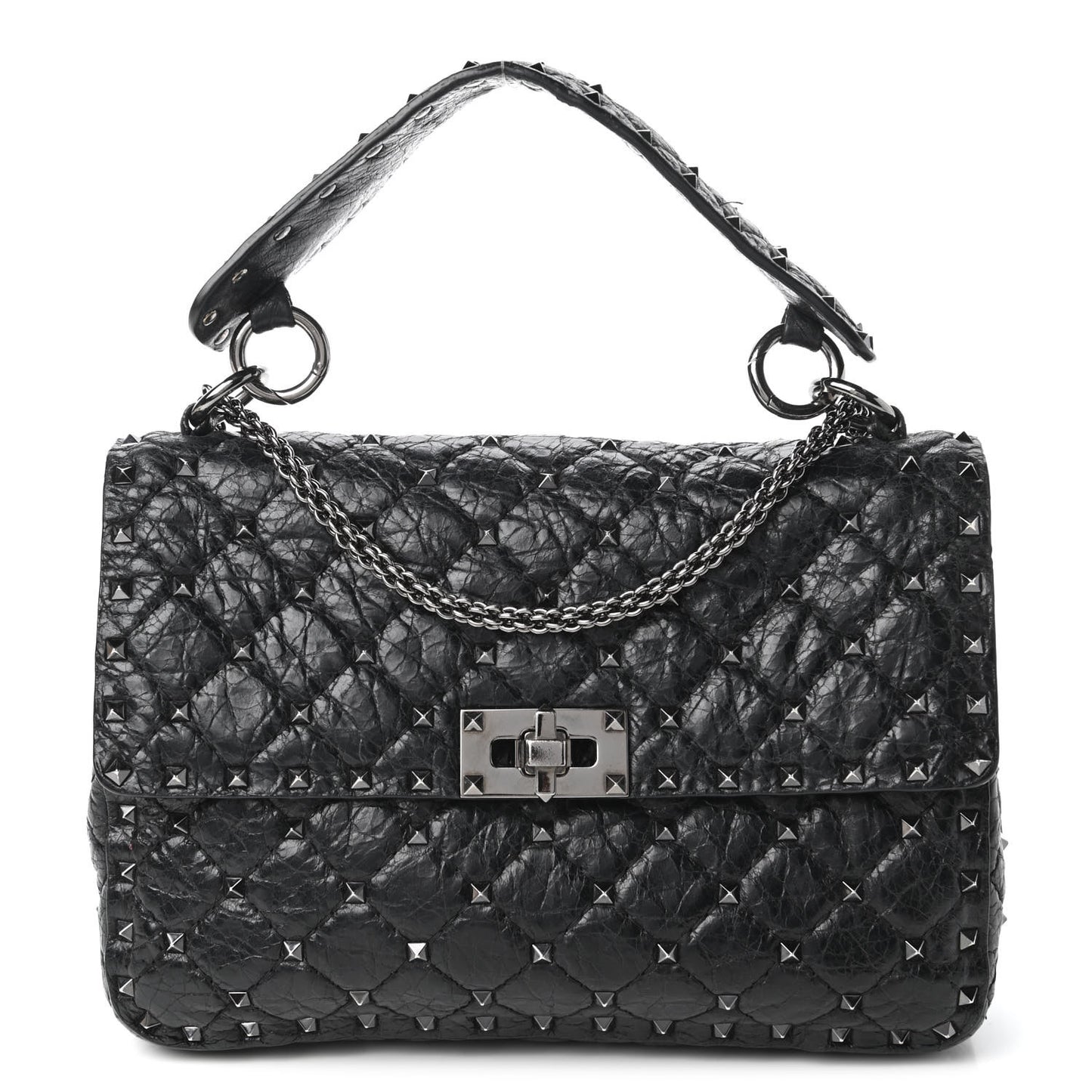 Craquele Nappa Medium Rockstud Spike Shoulder Bag Black