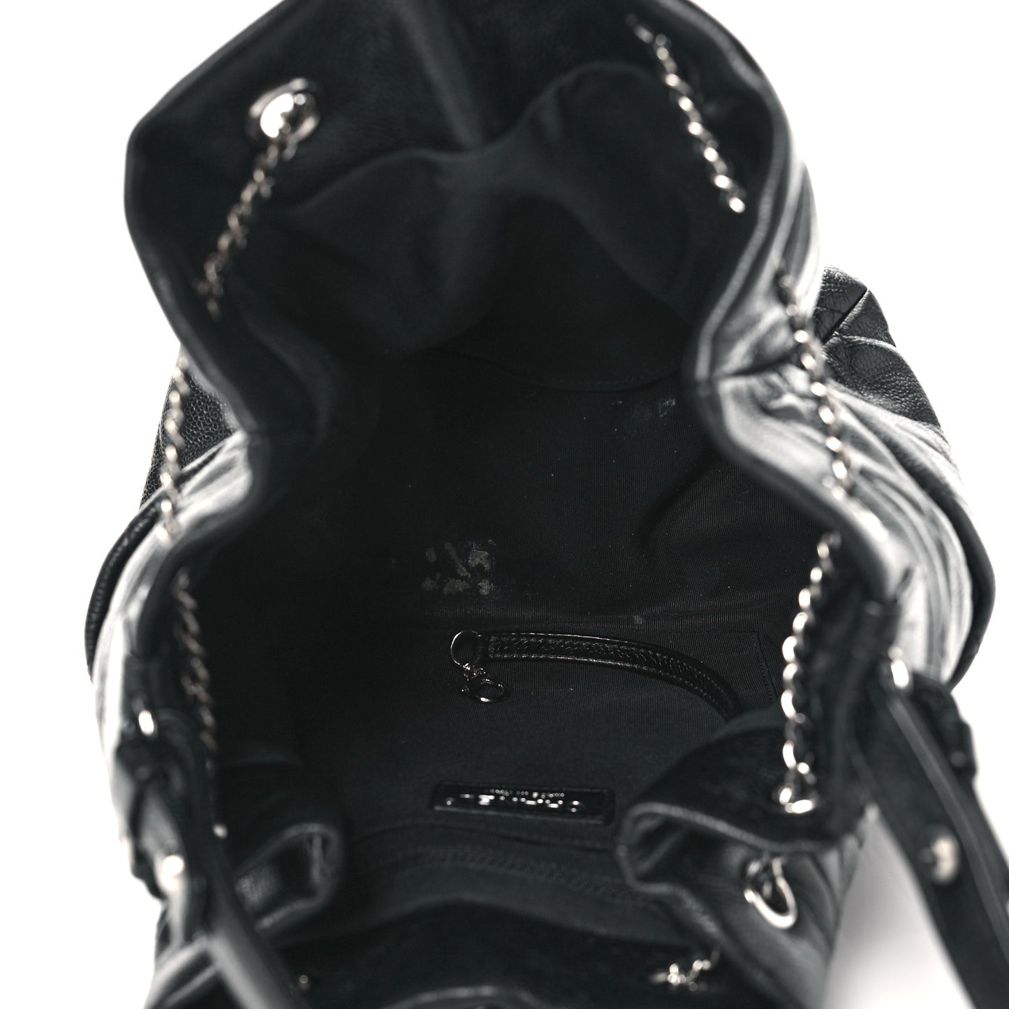 Caviar Flat Quilted CC Chain Bucket Drawstring Bag Black
