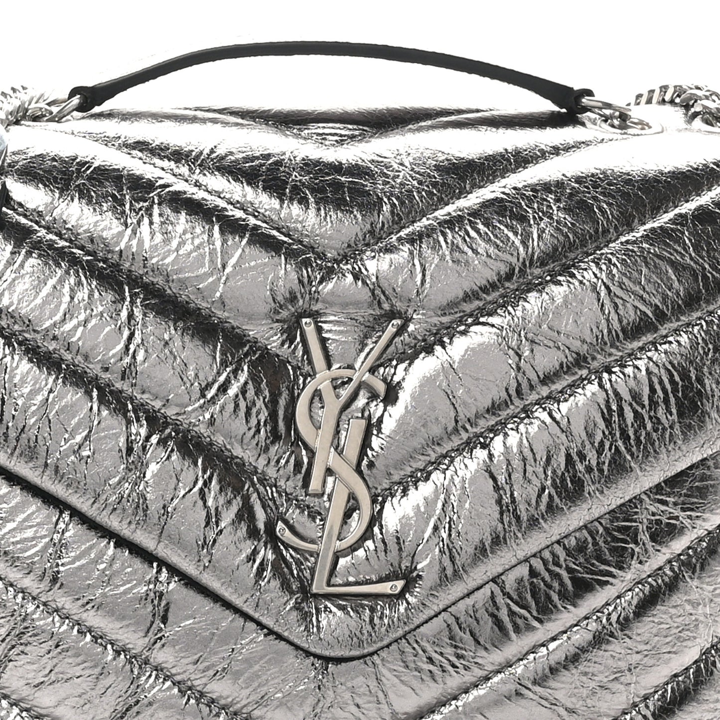 Metallic Calfskin Y Quilted Monogram Small Loulou Chain Satchel Acciaio
