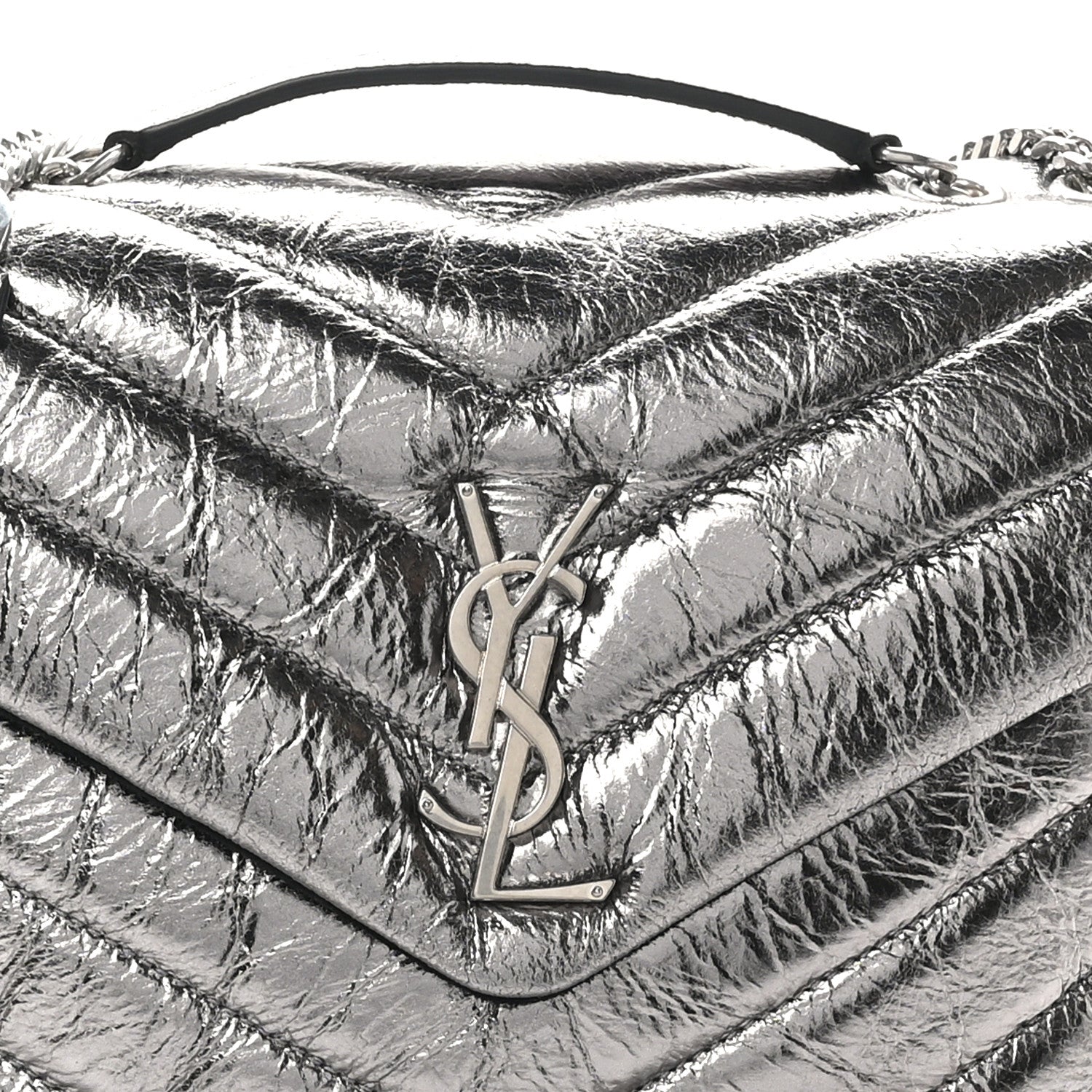 Saint Laurent Metallic Calfskin Y Quilted Monogram Small Loulou Chain Satchel Acciaio 8 of 10