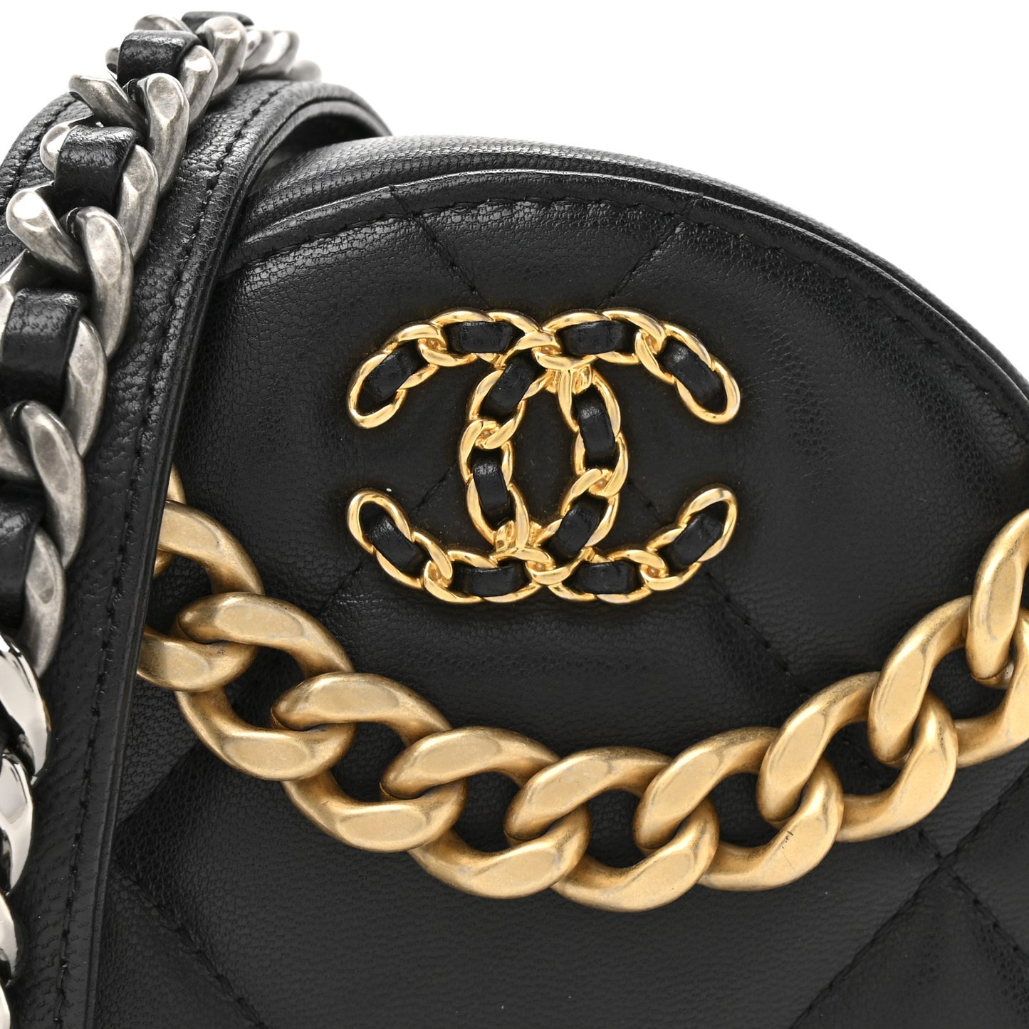 Lambskin Quilted Chanel 19 Round Clutch With Chain Black
