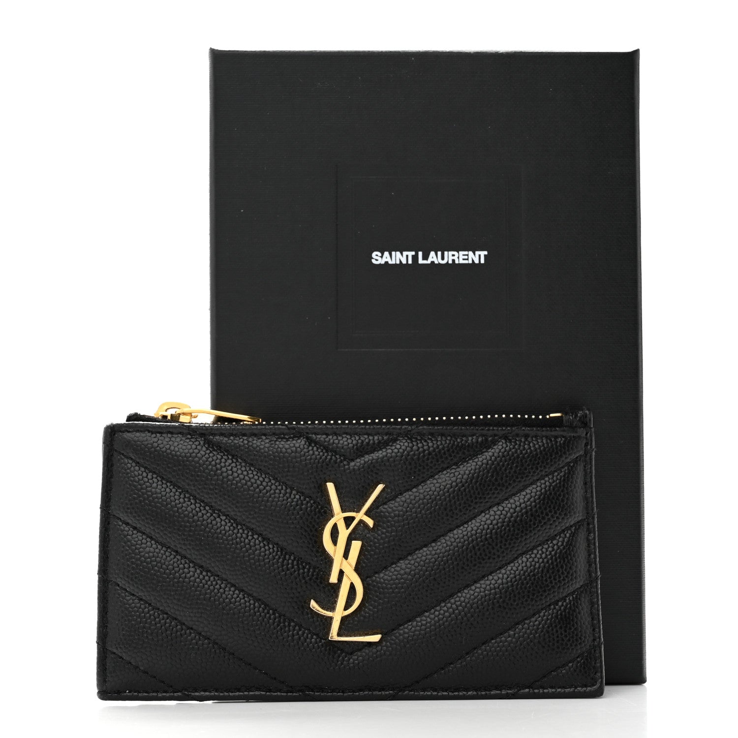 Saint Laurent Grain De Poudre Matelasse Chevron Monogram Fragments Zippered Card Case Black 8 of 8