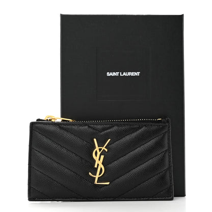 Saint Laurent Grain De Poudre Matelasse Chevron Monogram Fragments Zippered Card Case Black 8 of 8