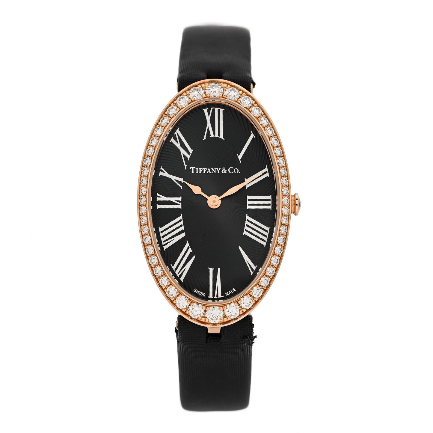 18K Rose Gold Satin Diamond Bezel 21mm 2-Hand Cocktail Quartz Watch Black
