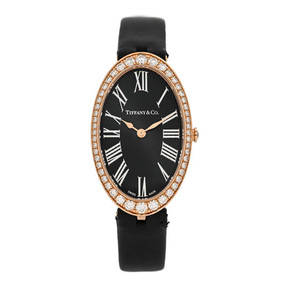 Tiffany 18K Rose Gold Satin Diamond Bezel 21mm 2-Hand Cocktail Quartz Watch Black 1 of 6