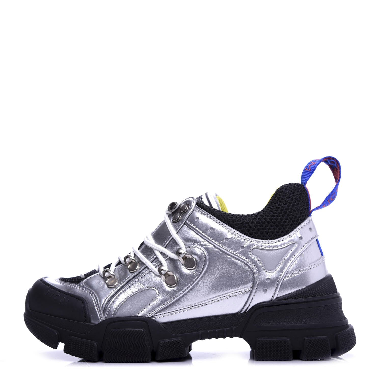 Gucci X SEGA Metallic Calfskin Mesh Womens Flashtrek Sneakers 35.5 Silver Black 1 of 9