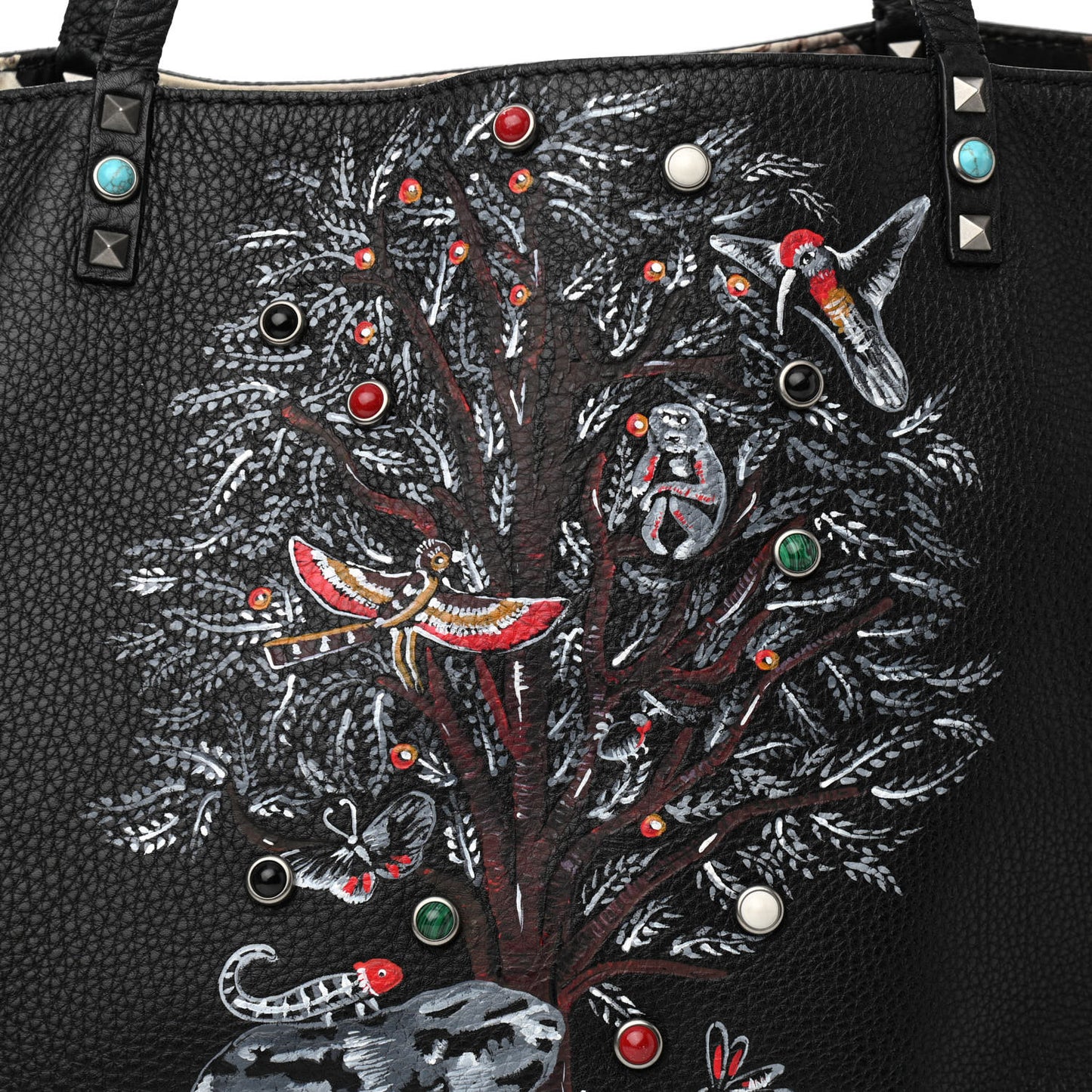 Stampa Alce Calfskin Large Tree of Life Rockstud Rolling Reversible Tote Black Multicolor
