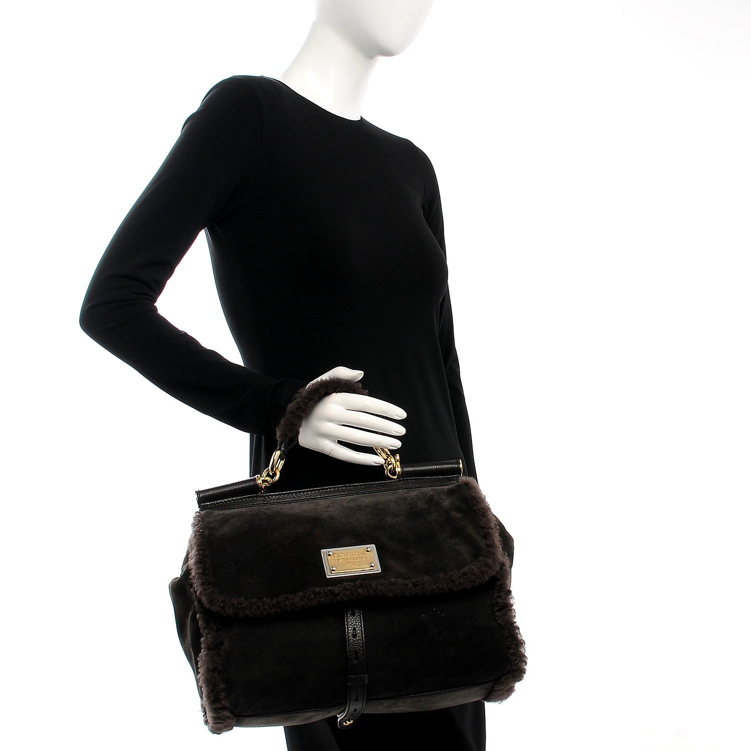 Dolce & Gabbana Suede Shearling Large Miss Sicily Satchel Brown 2 of 8