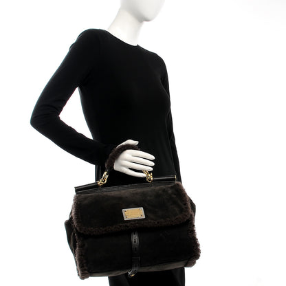 Dolce & Gabbana Suede Shearling Large Miss Sicily Satchel Brown 2 of 8