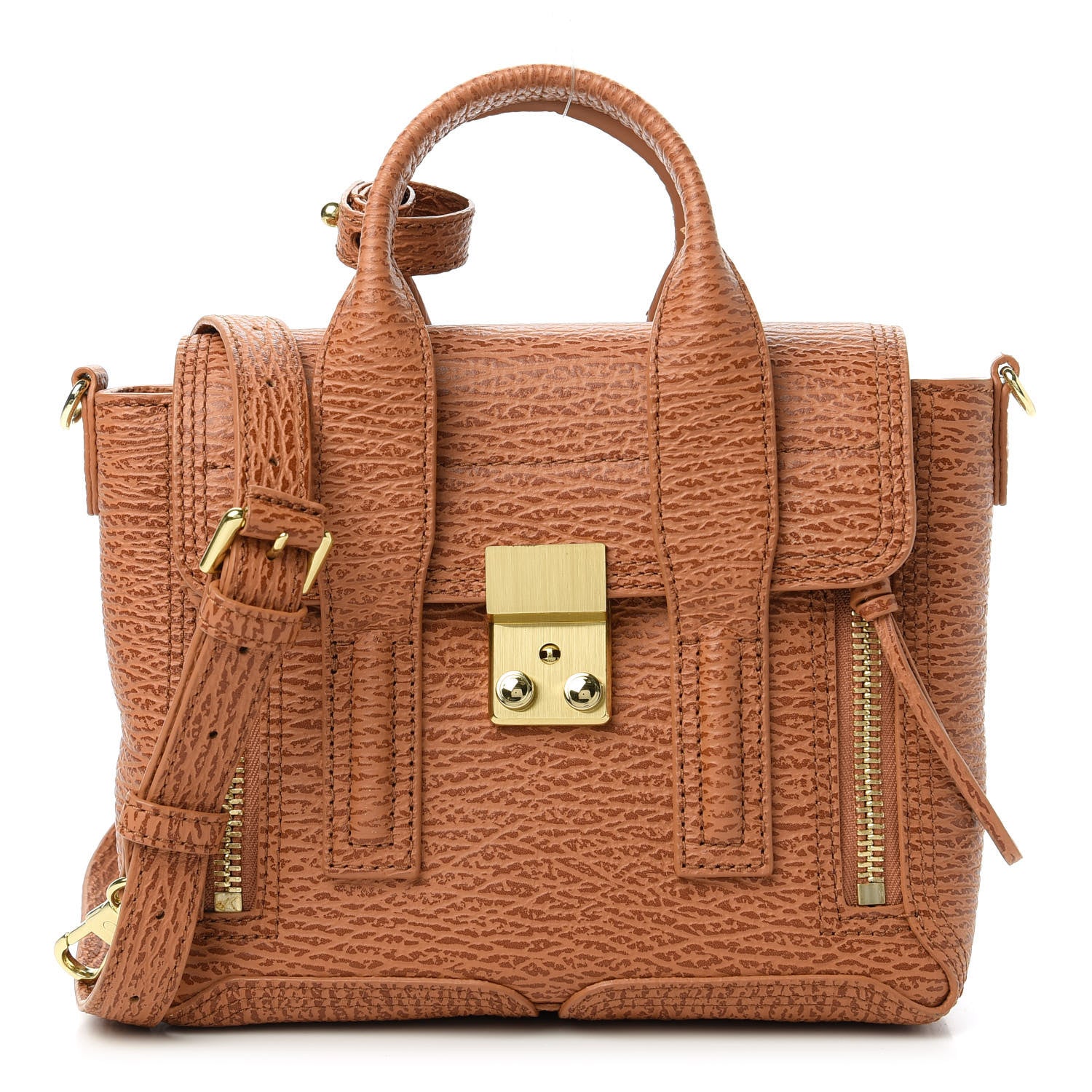 3.1 Phillip Lim Shark Embossed Textured Calfskin Mini Pashli Satchel Caramel Cognac 1 of 10