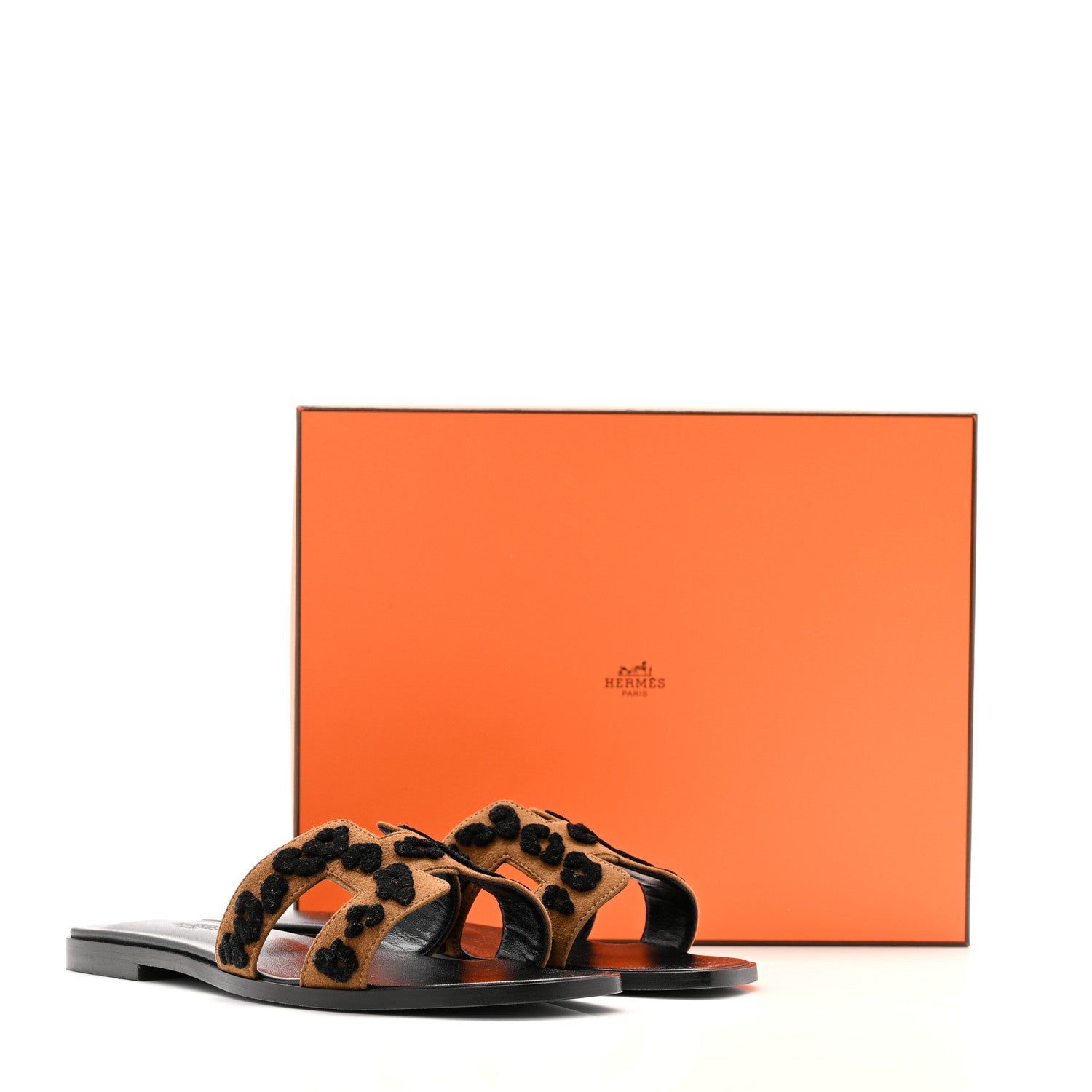 Hermes Suede Goatskin Tufted Leopard Womens Oran Sandals 39 Brun Fume Black 9 of 9