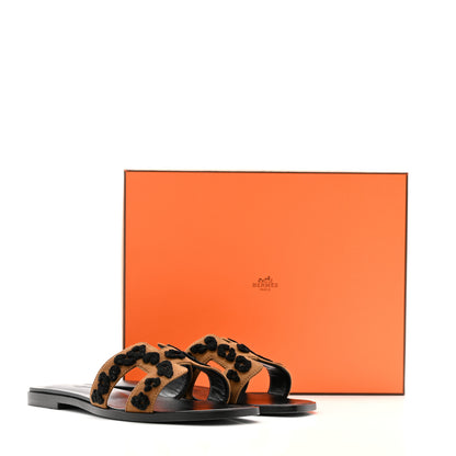 Hermes Suede Goatskin Tufted Leopard Womens Oran Sandals 39 Brun Fume Black 9 of 9