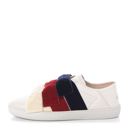 Gucci Calfskin Velvet Womens Bow Ace Sneakers 37.5 White 2 of 8