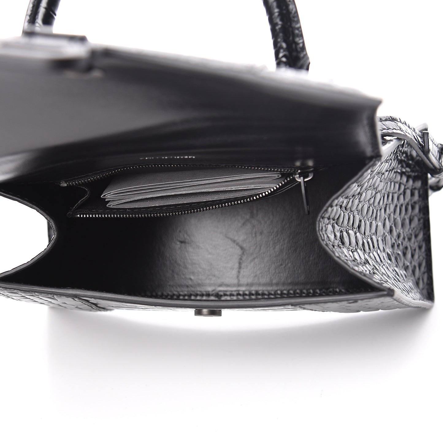Shiny Calfskin Monochrome Crocodile Embossed Small Hourglass Top Handle Bag Black