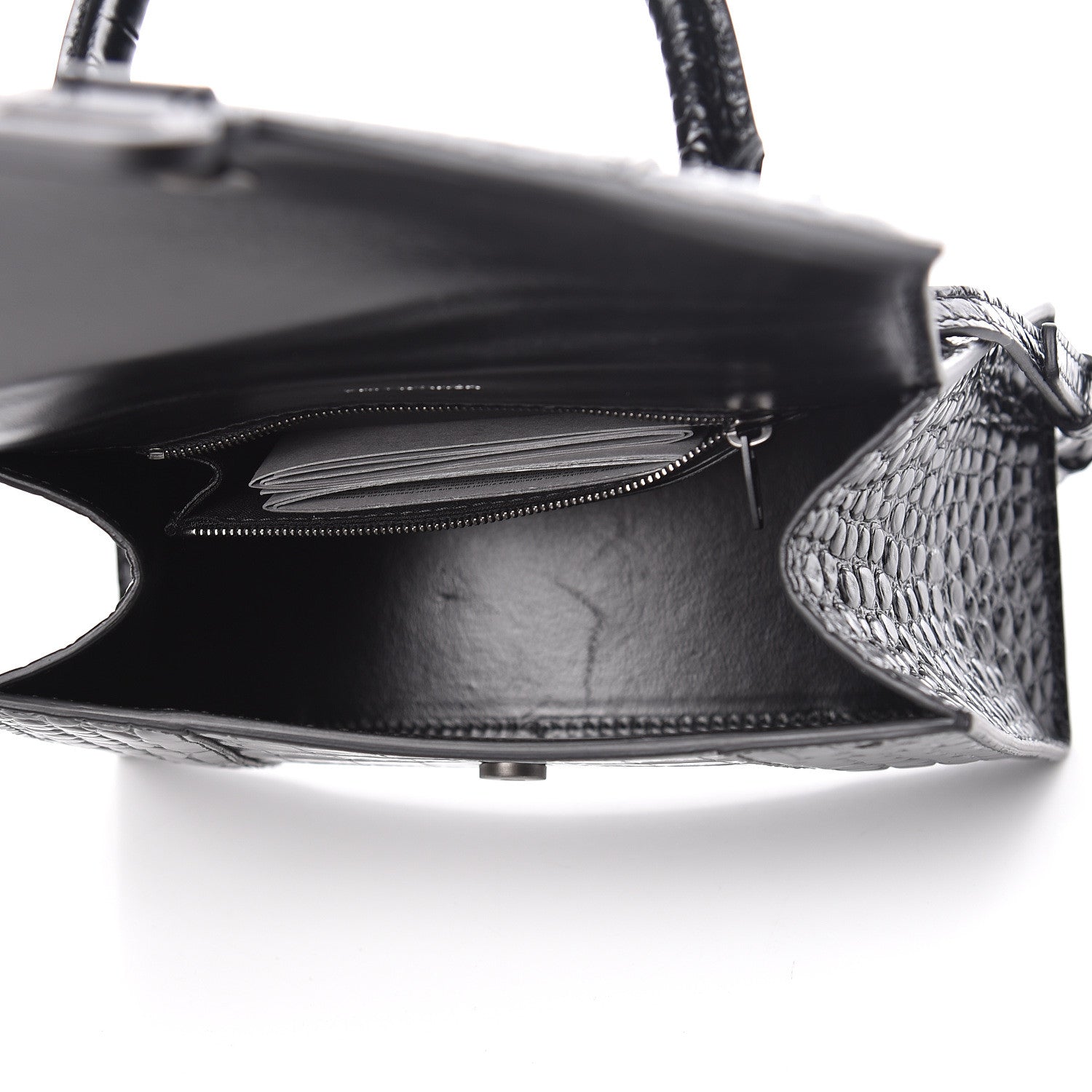 Balenciaga Shiny Calfskin Monochrome Crocodile Embossed Small Hourglass Top Handle Bag Black 7 of 10