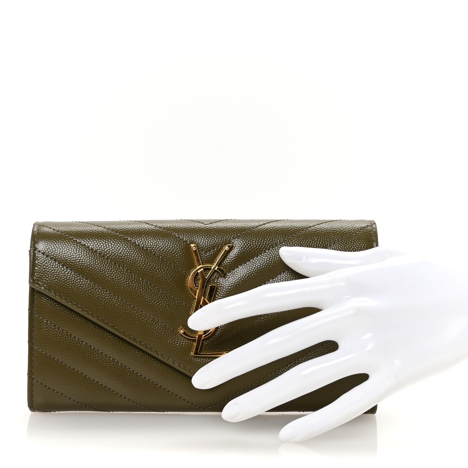 Saint Laurent Grain De Poudre Matelasse Chevron Monogram Flap Wallet Olive 2 of 7