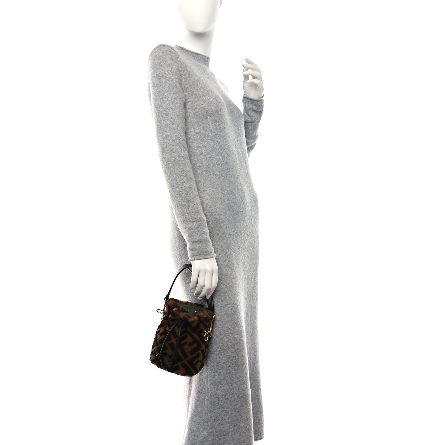 Shearling Vitello Dolce F is Fendi Macro FF 1974 Mini Mon Tresor Bucket Bag Tobacco Black