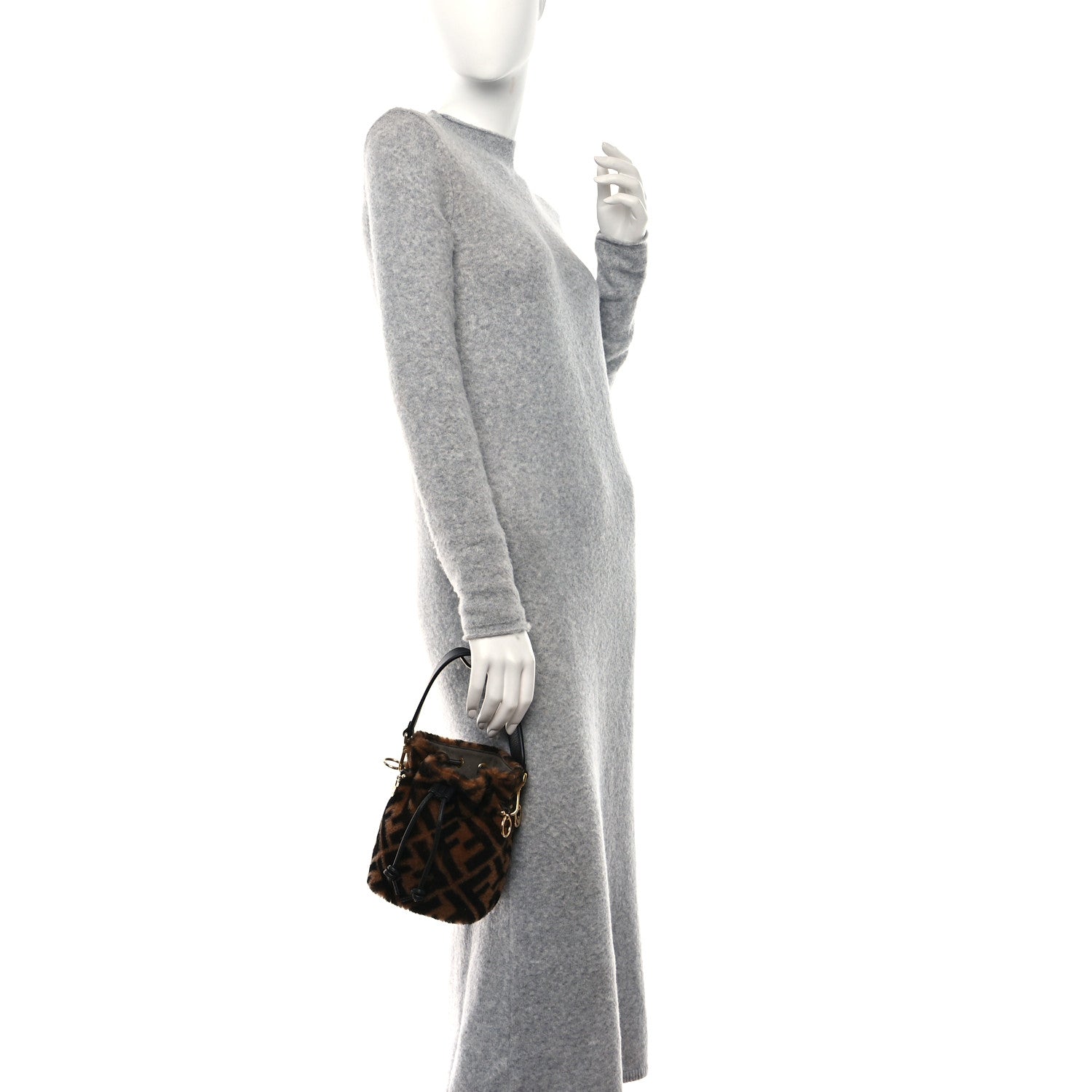 Fendi Shearling Vitello Dolce F is Fendi Macro FF 1974 Mini Mon Tresor Bucket Bag Tobacco Black 2 of 11