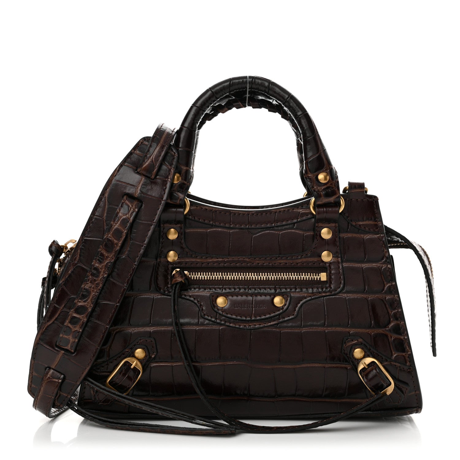 Balenciaga Semi Shiny Calfskin Crocodile Embossed Neo Classic Gold Hardware Mini City Dark Brown 1 of 9