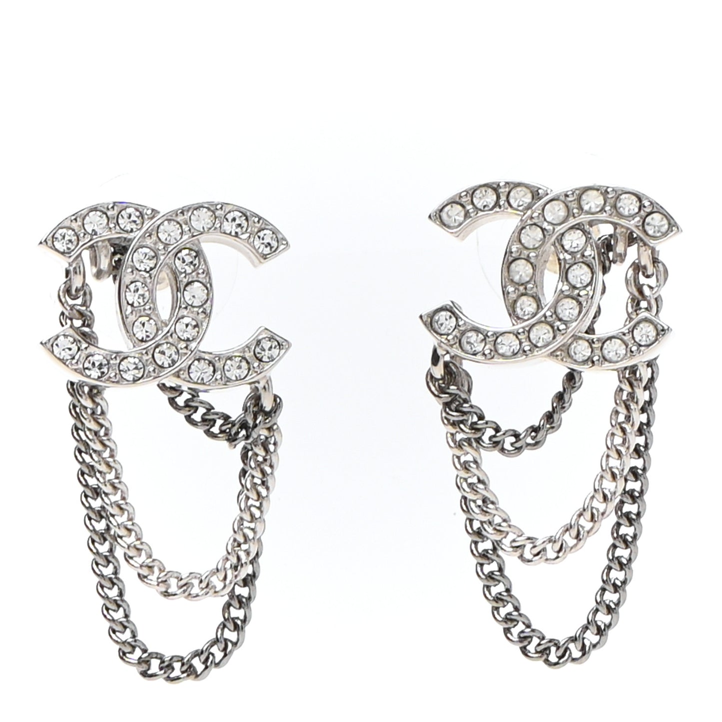 Crystal Chain CC Earrings Silver
