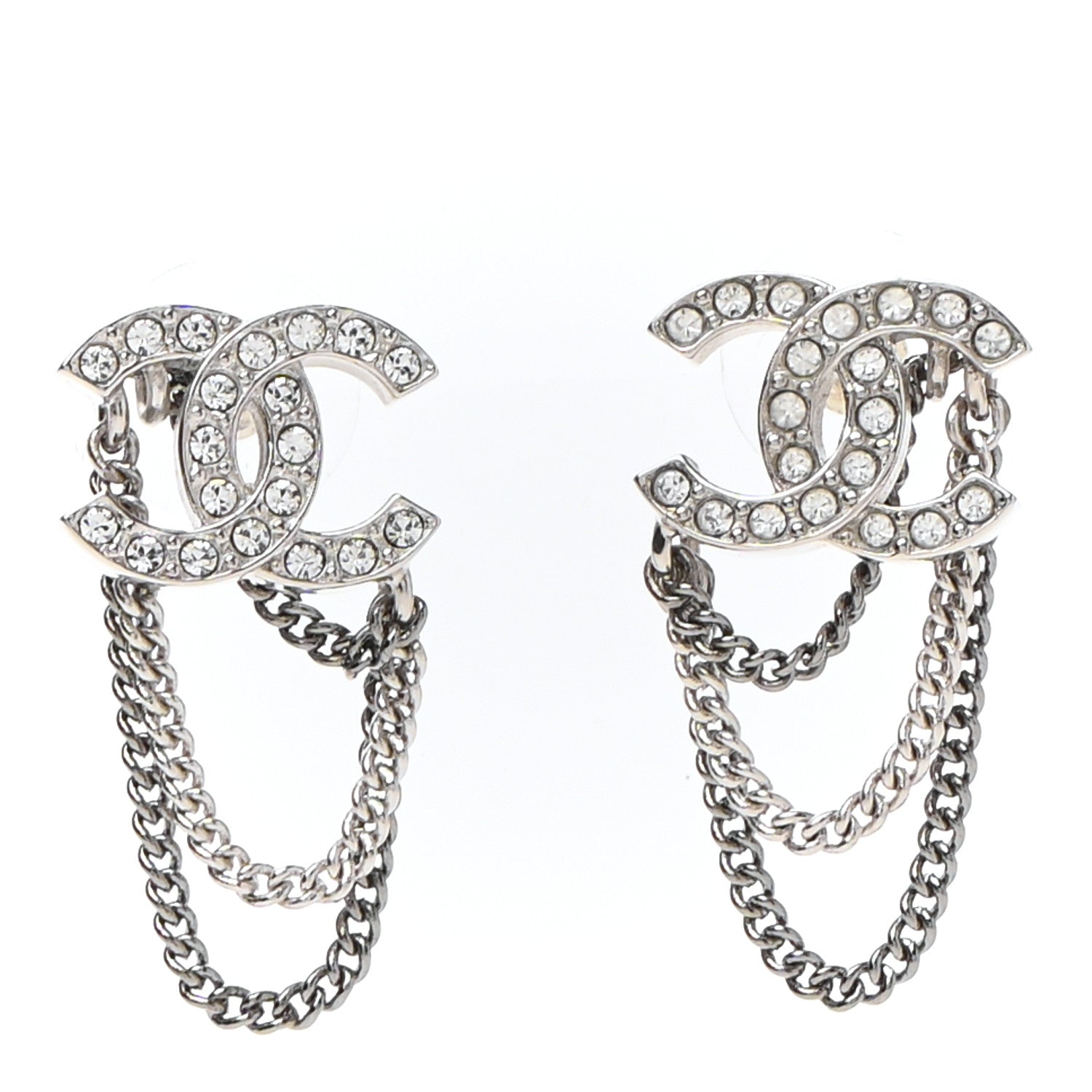 Chanel Crystal Chain CC Earrings Silver 1 of 4