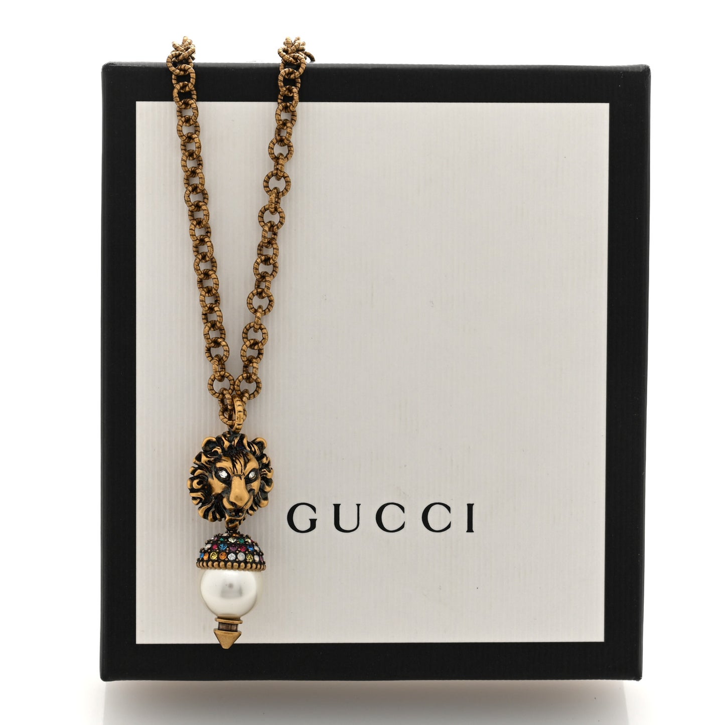Metal Crystal Pearl Lion Head Necklace Aged Gold