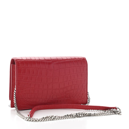 Saint Laurent Calfskin Crocodile Embossed Kate Monogram Tassel Chain Wallet Red 3 of 8