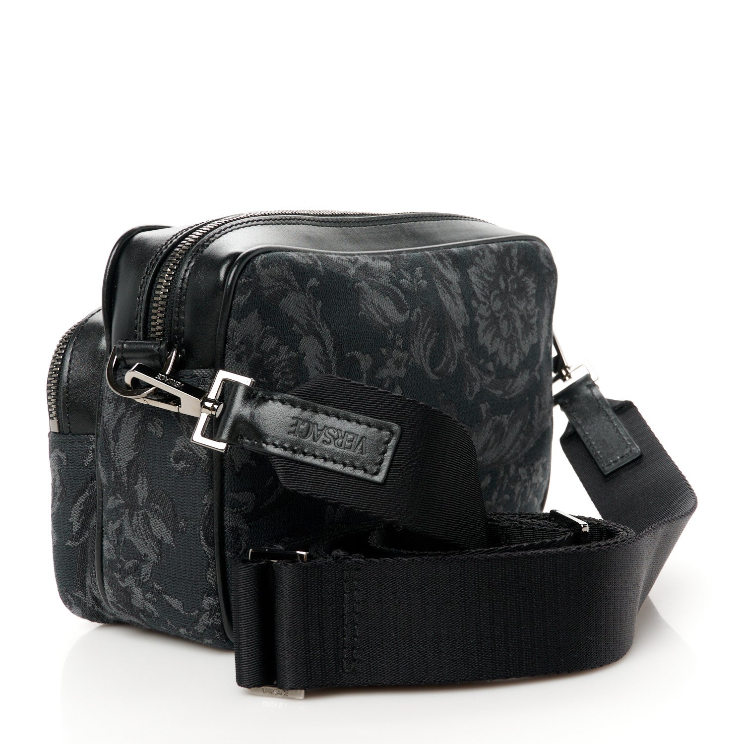 Versace Fabric Jacquard Calfskin Barocco Messenger Crossbody Bag Black 3 of 10