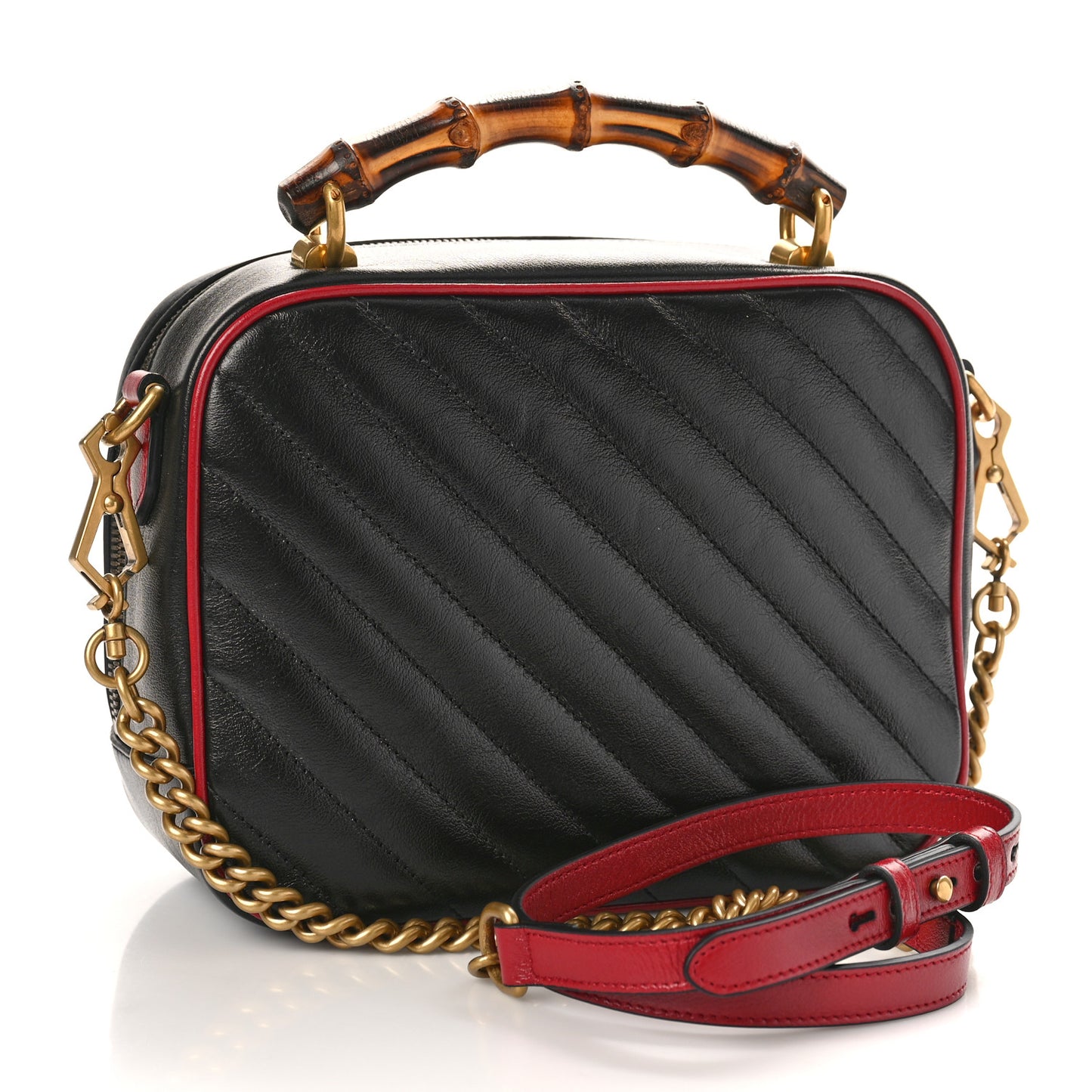 Vintage Effect Calfskin Matelasse Diagonal Small Torchon GG Marmont Bamboo Top Handle Shoulder Bag Black Romantic Cherry