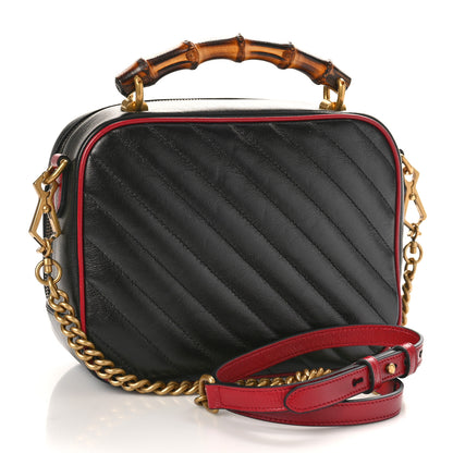 Gucci Vintage Effect Calfskin Matelasse Diagonal Small Torchon GG Marmont Bamboo Top Handle Shoulder Bag Black Romantic Cherry 3 of 9