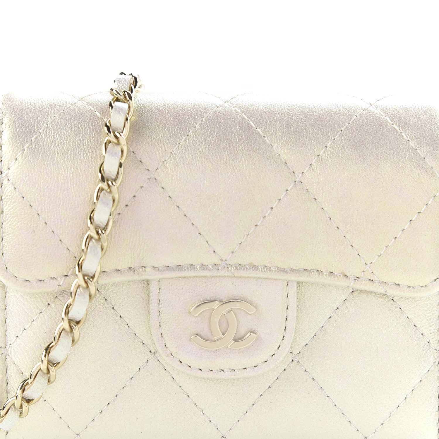 Chanel Iridescent Lambskin Quilted Flap Card Holder On Chain Ivory 9 of 10