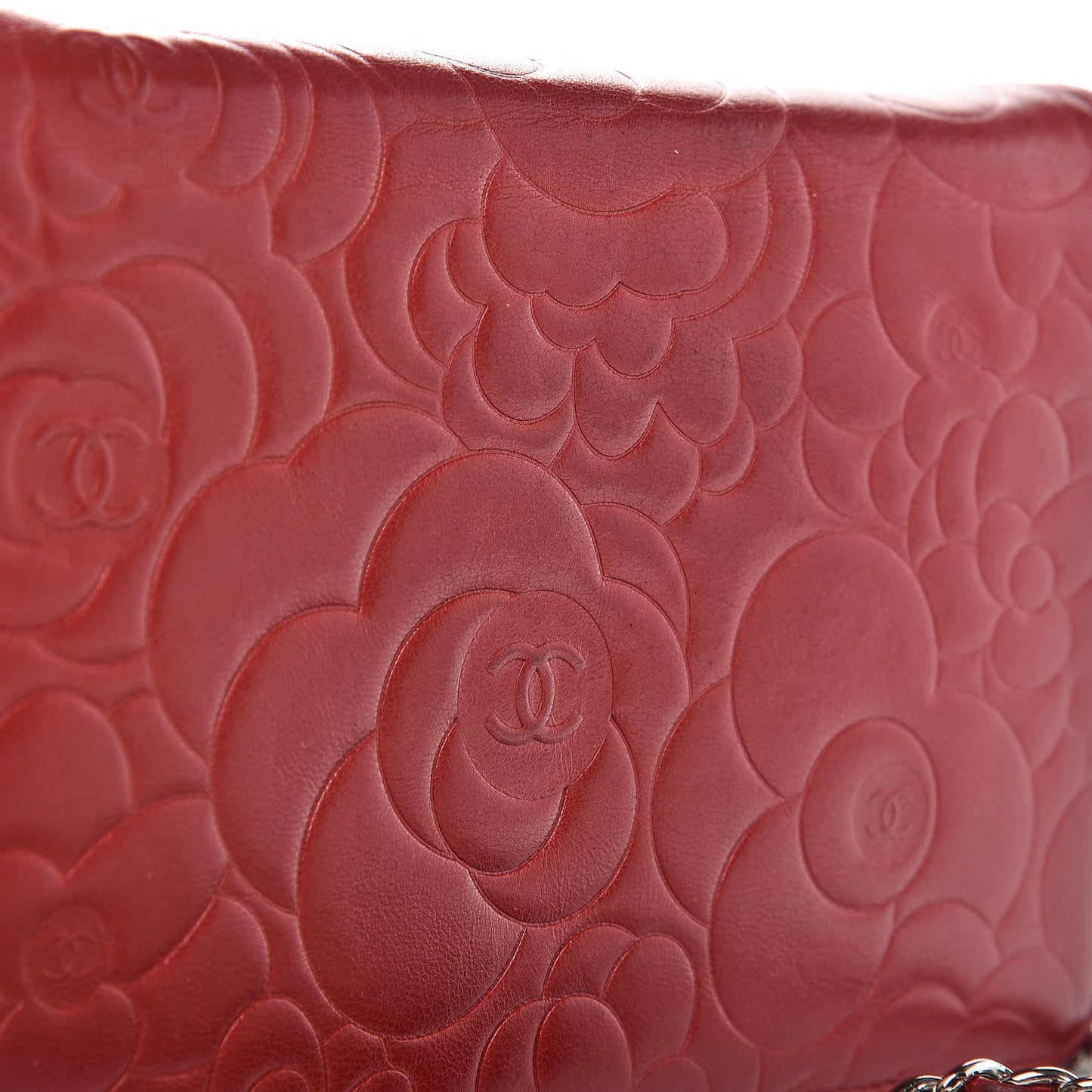 Lambskin Camellia Embossed Wallet On Chain WOC Dark Red