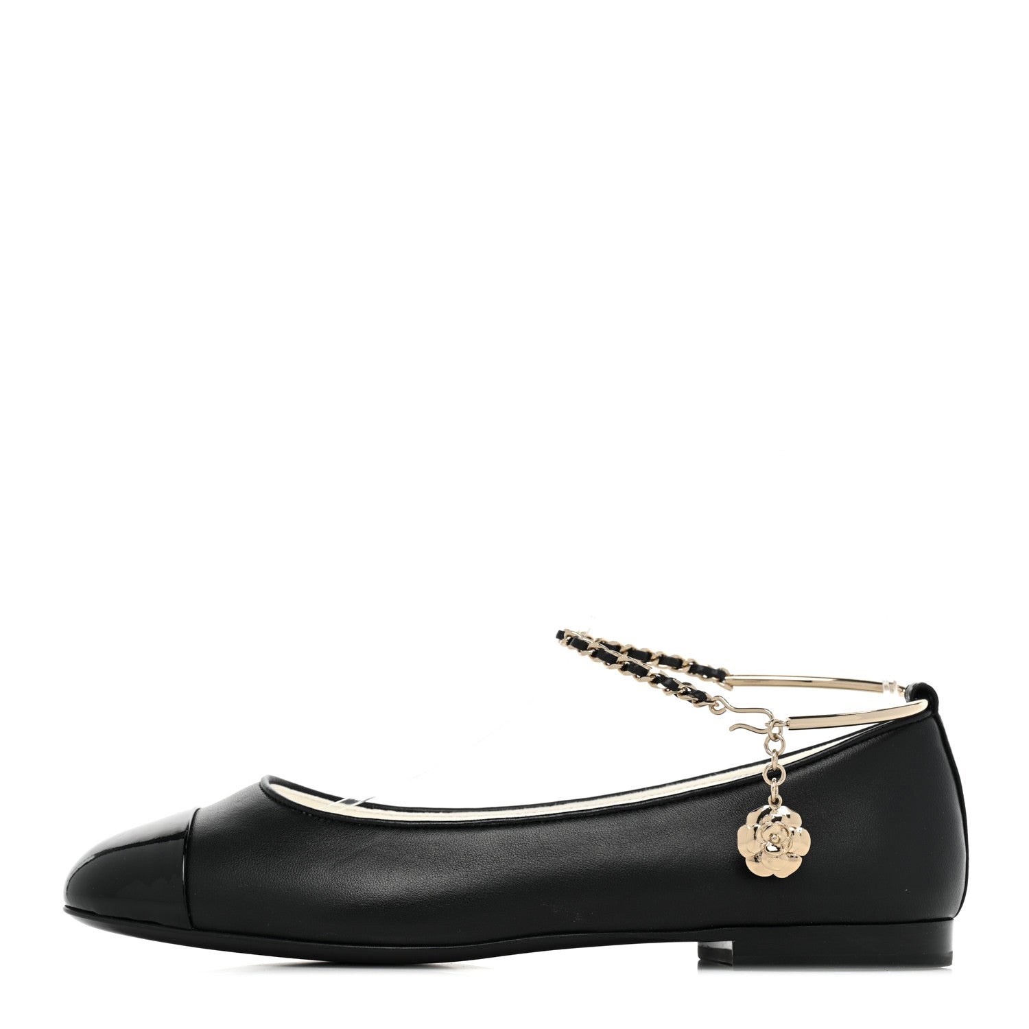 Chanel Lambskin Patent Calfskin Cap Toe Ankle Chain Ballerina Flats 37.5 Black 1 of 9