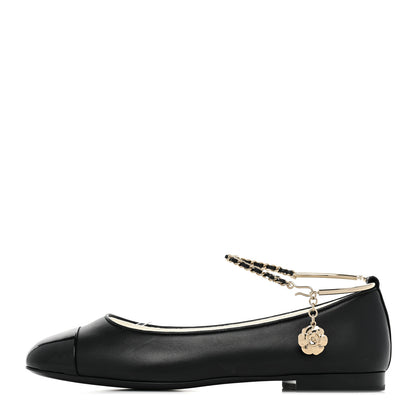 Chanel Lambskin Patent Calfskin Cap Toe Ankle Chain Ballerina Flats 37.5 Black 1 of 9