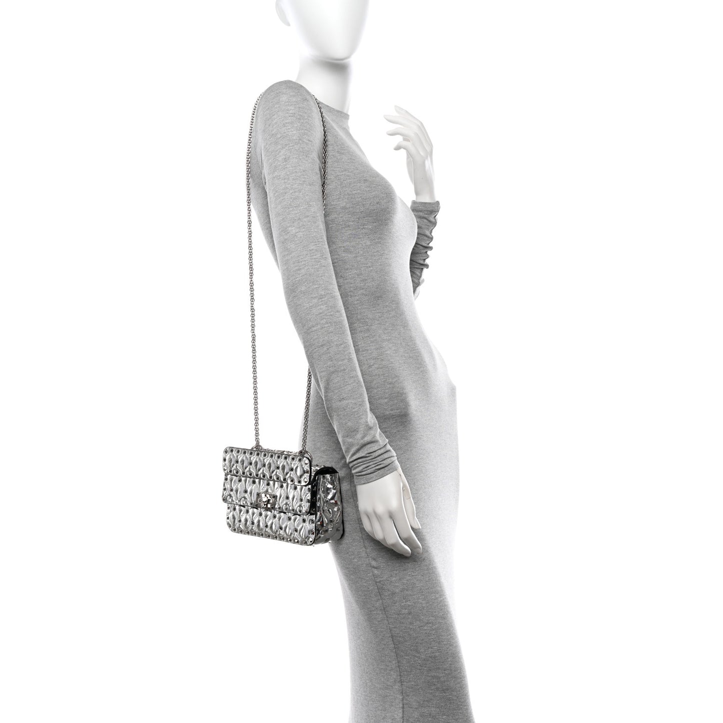 Metallic Patent Quilted Small Rockstud Spike Shoulder Bag Silver