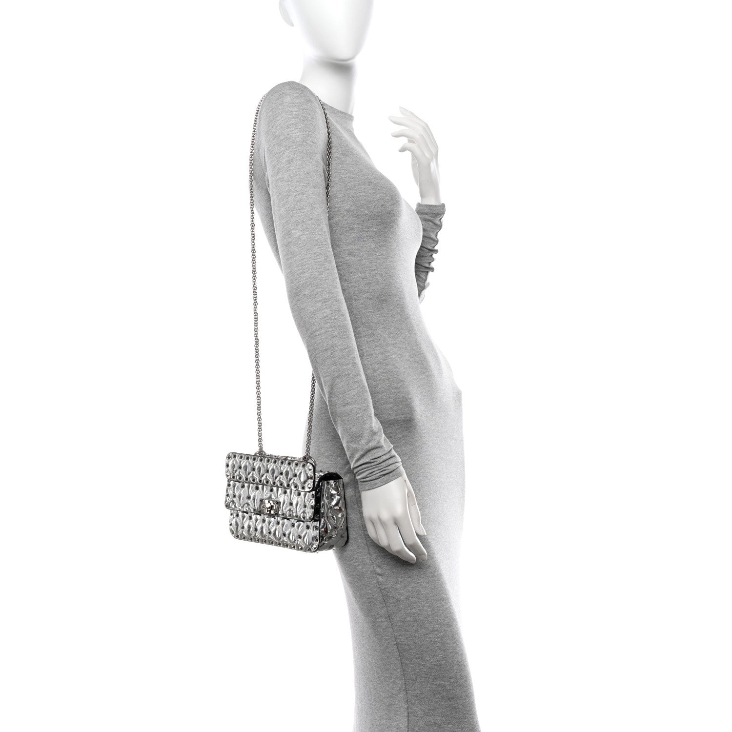 Valentino Garavani Metallic Patent Quilted Small Rockstud Spike Shoulder Bag Silver 2 of 9