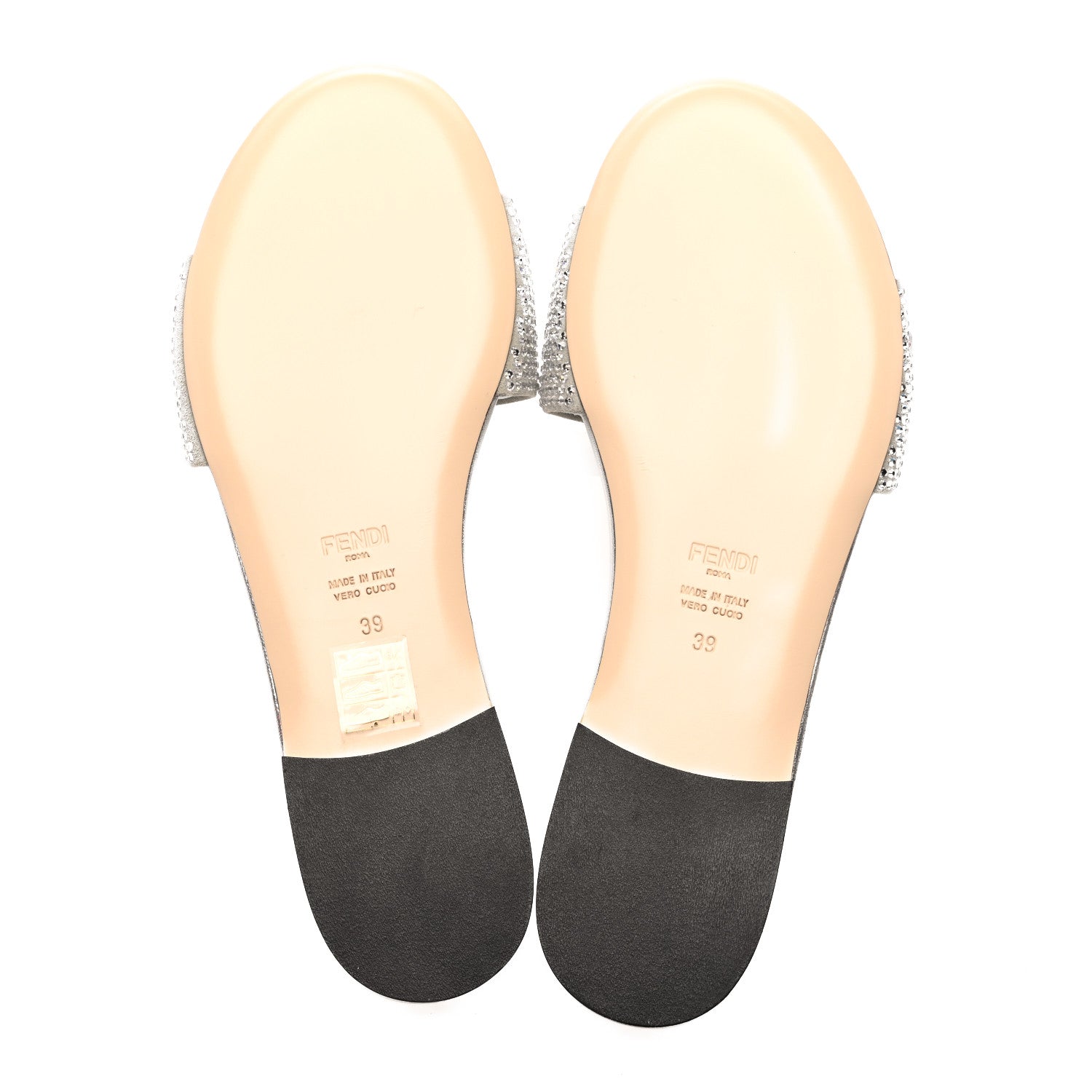 Fendi Laminated Goatskin Baguette Crystal Embroidered Signature Flat Slide Sandals 39 Silver 5 of 6