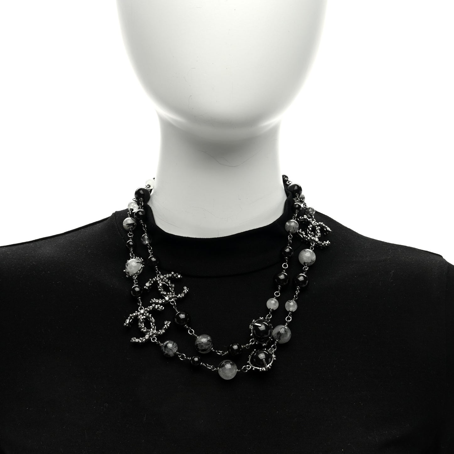 Crystal Bead CC Long Necklace Silver Black