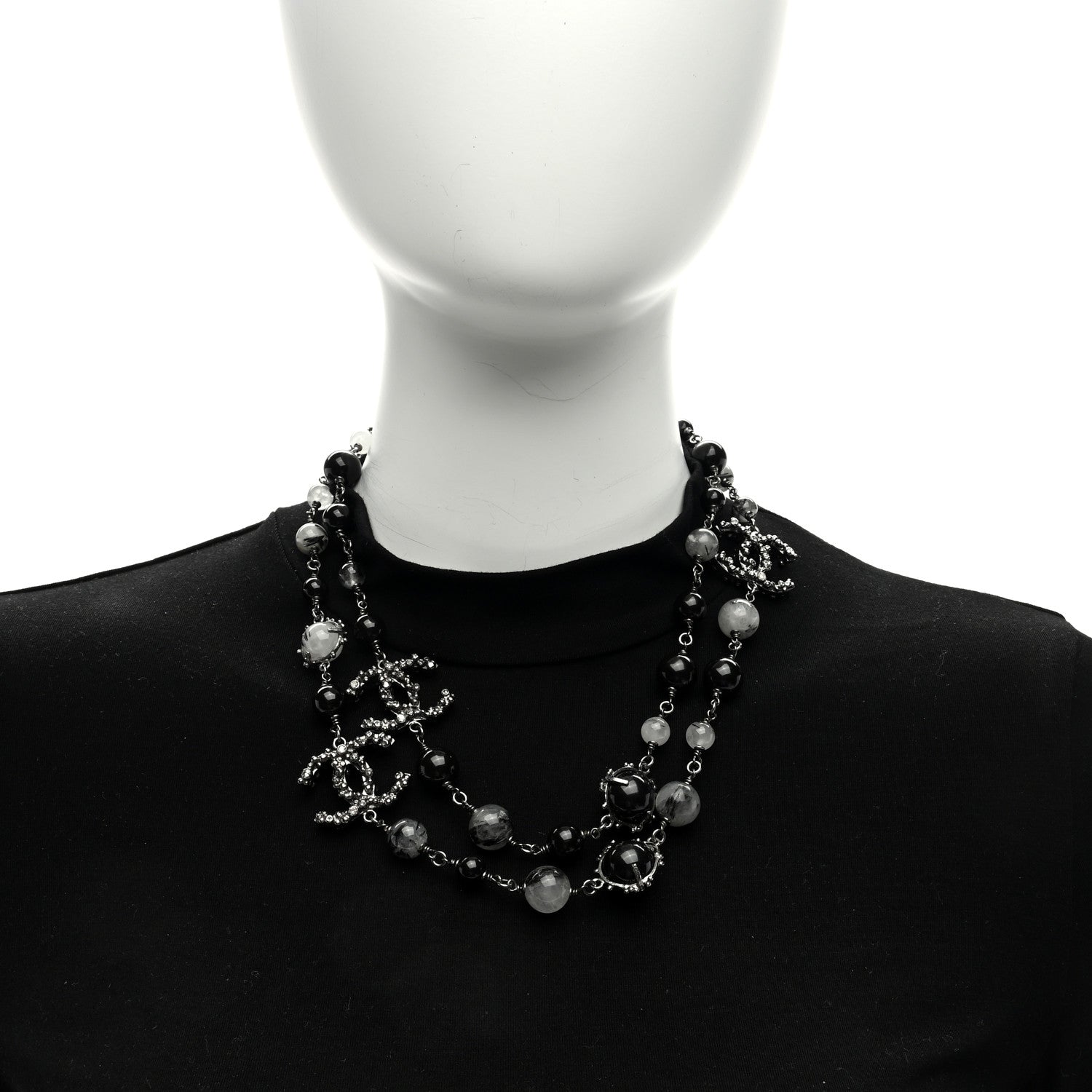 Chanel Crystal Bead CC Long Necklace Silver Black 2 of 4