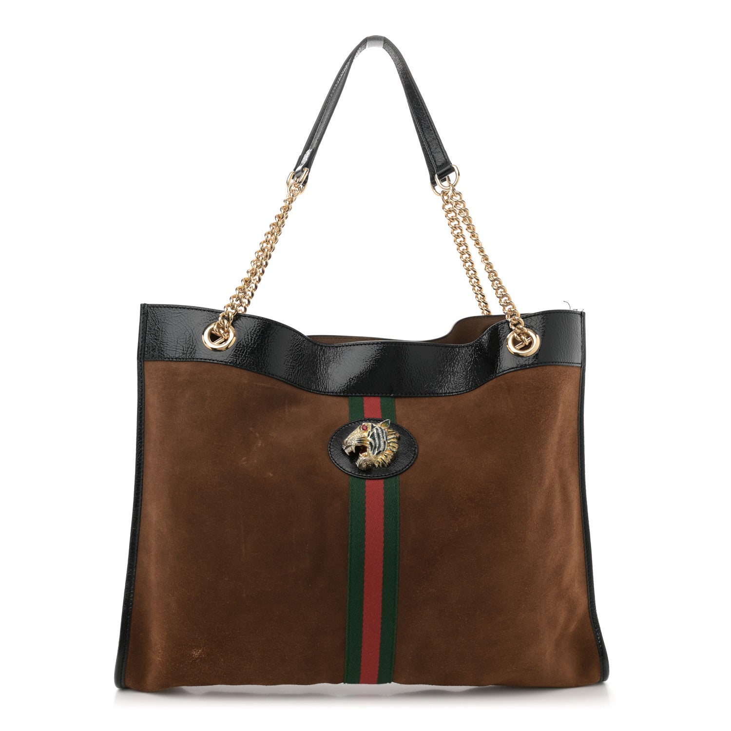 Gucci Suede Patent Large Rajah Chain Tote Nocciola Black 1 of 13