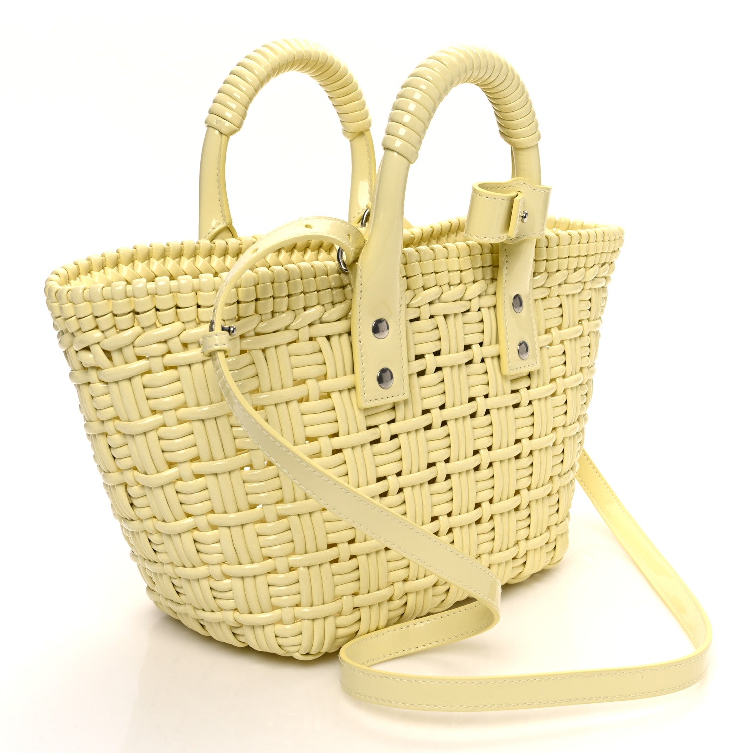 Balenciaga Varnished Faux Calfskin Braided XS Bistro Basket Pale